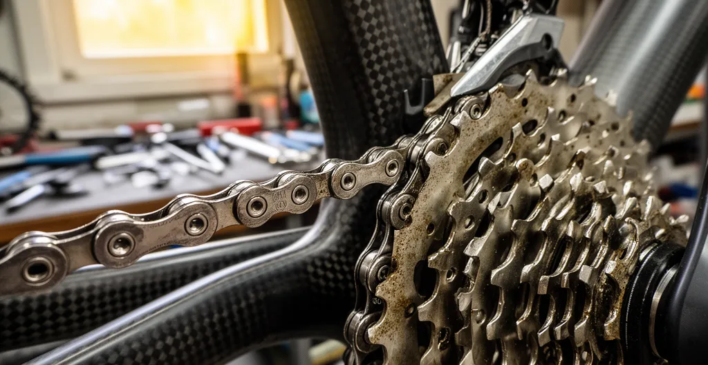 Chaîne et cassette de vélo de route en gros plan montrant la denture des pignons