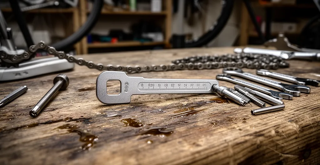 Jauge d'élongation de chaîne posée sur un établi avec outils vélo